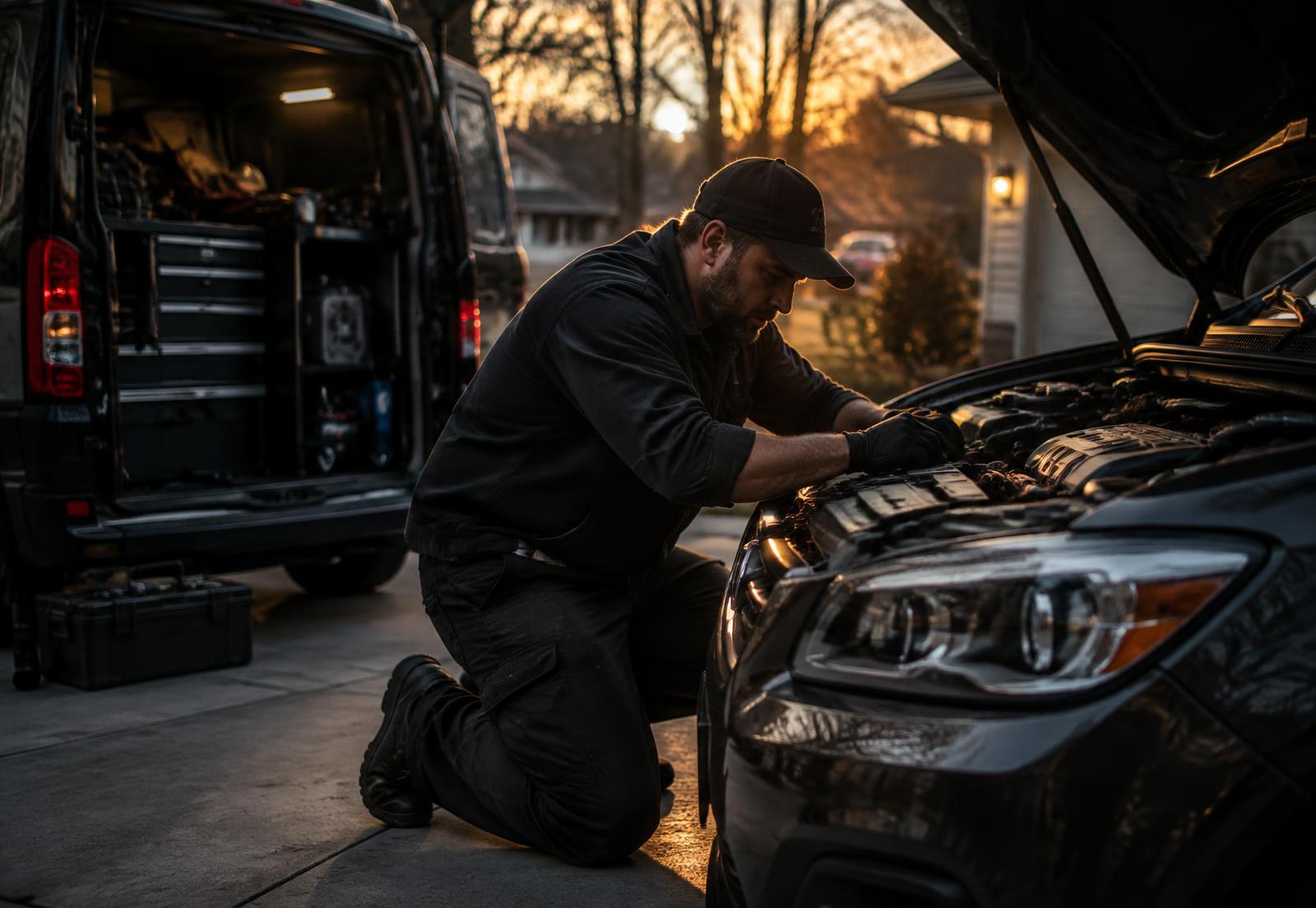 Mobile mechanic working on a car in a driveway at dusk